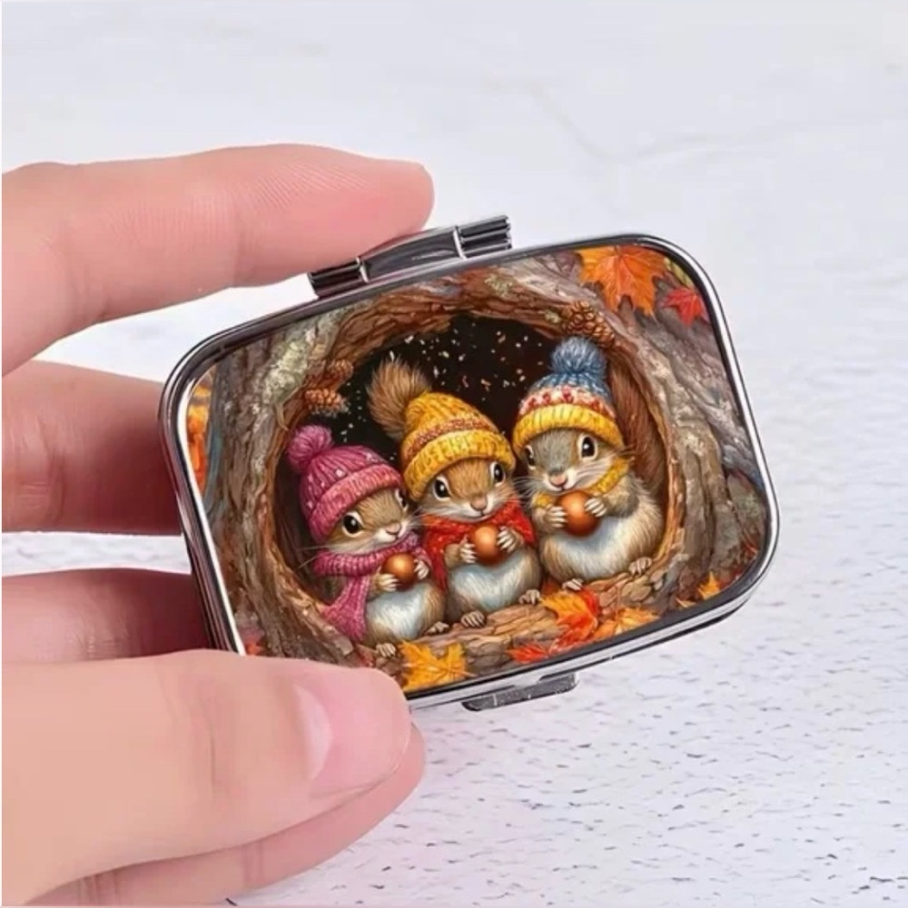 Squirrel Nature Inspired Pill Organizer 2-Compartment Compact Pill Case New